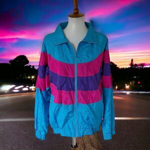 Vintage 80s/90s Windbreaker Colorblock Blue Pink Purple Striped Swooshie Jacket